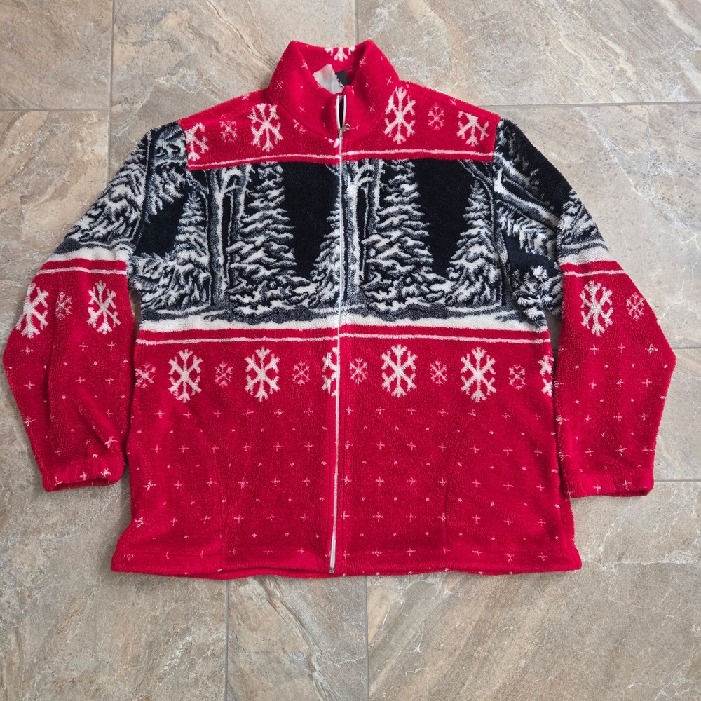 Vintage 90s Art Unlimited Sportswear Mens Red Fleece‎ Winter Tree Zip Jacket 2XL